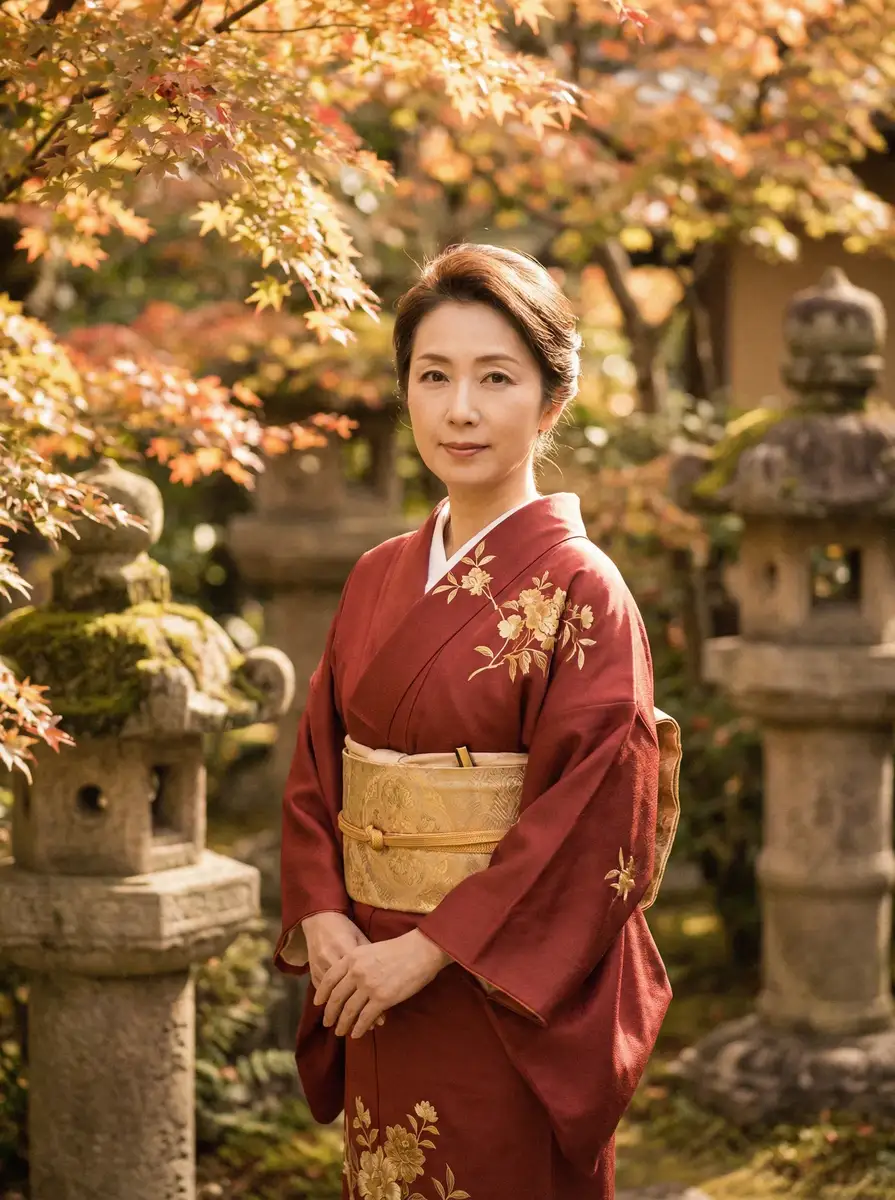 一位身穿暗红色和服的优雅 财神体育平台 在日式庭院中